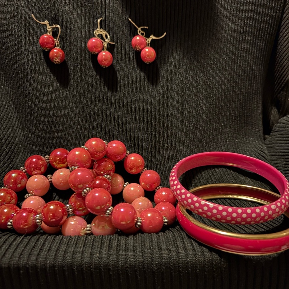 Red Bead 3 Bracelet, Earrings and 2 Bangle Jewelry Set
